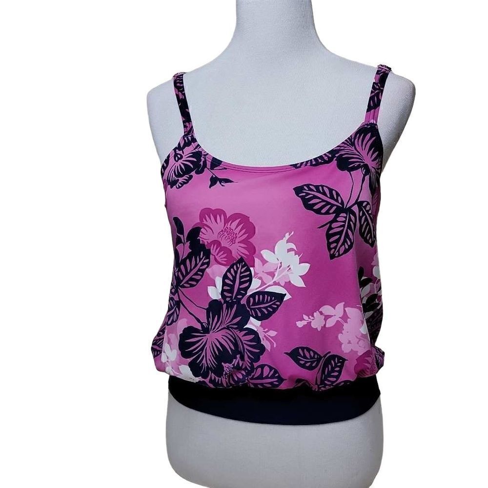 Kim Rogers Floral Leaf Tankini Swim Top Pink Blue Size Large